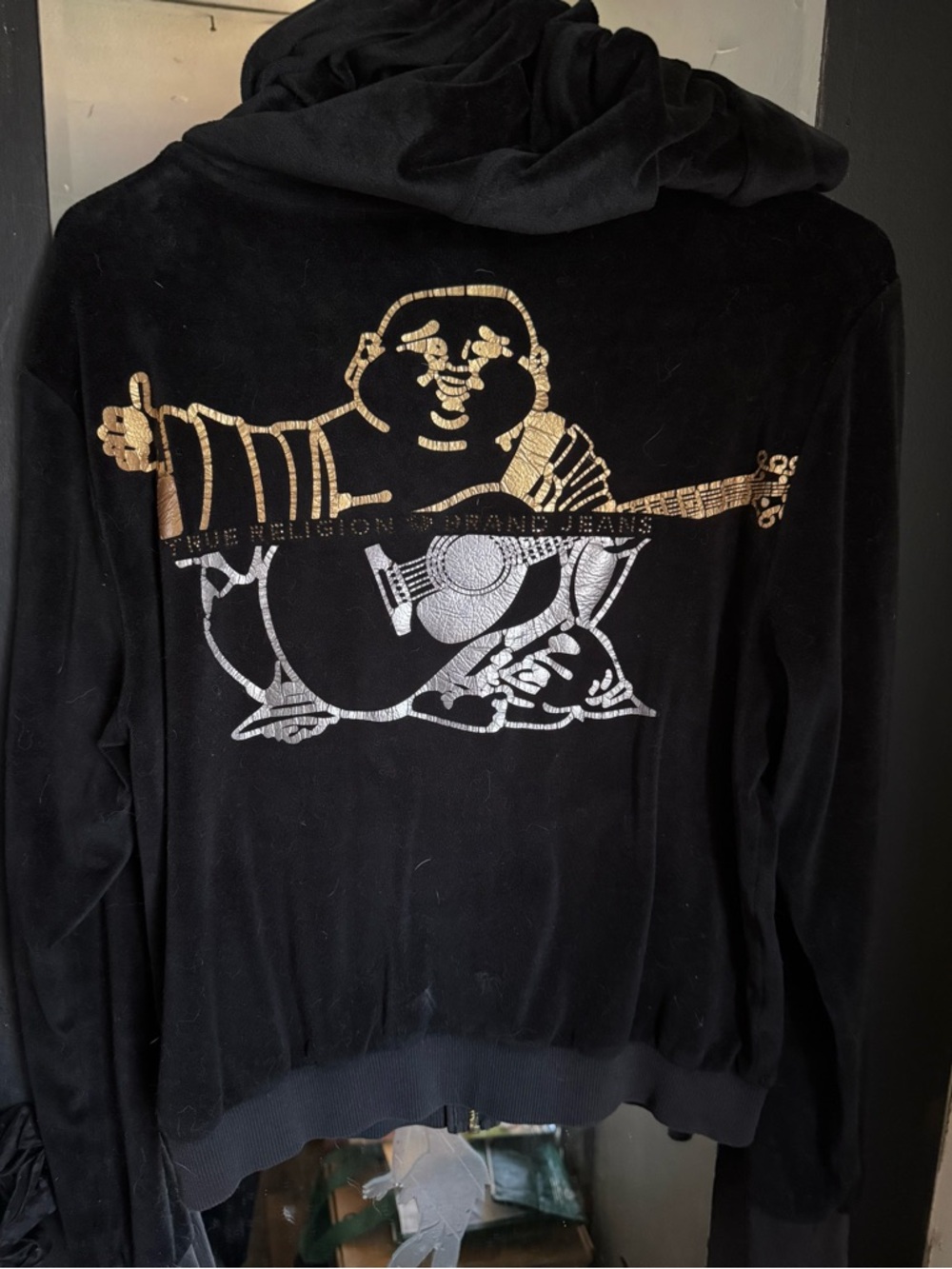 True Religion Black Velvet Hoodie with Gold Buddha Small